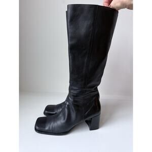 St John’s Bay Womens Knee High Boots Size 8.5 M Black 100% Leather Square Toe